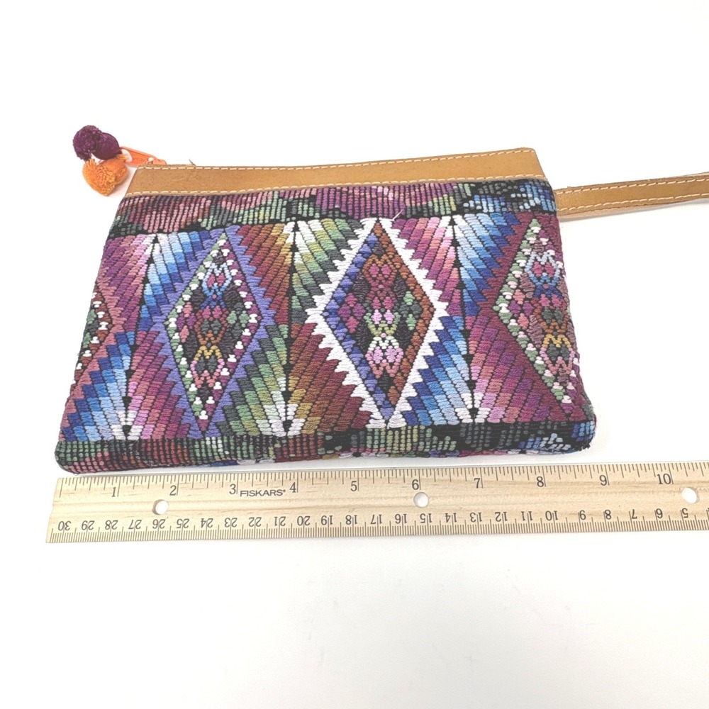 Woven Textile Geometric Wristlet Clutch Bag Zippered Huipil Style Leather Trim - Picture 7 of 9